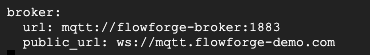 Screenshot showing MQTT configuration in flowforge.yml "Screenshot showing MQTT configuration in flowforge.yml"
