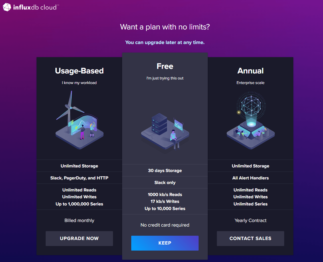 Screenshot showing the influxdb cloud tiers "Screenshot showing the influxdb cloud tiers"