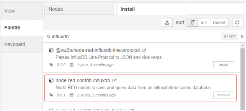 Screenshot showing the influxdb node in the manage palette "Screenshot showing the influxdb node in the manage palette"