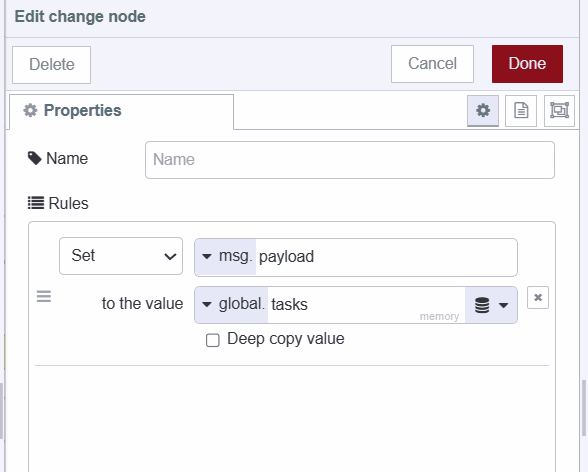 Screenshot of the change setting retriving global context and setting to msg.payload "Screenshot of the change setting retriving global context and setting to msg.payload"
