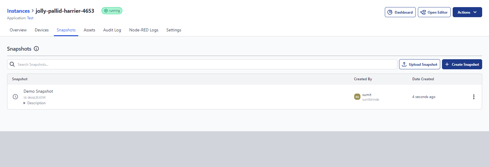 Image showing a list of created snapshots with details in FlowFuse.