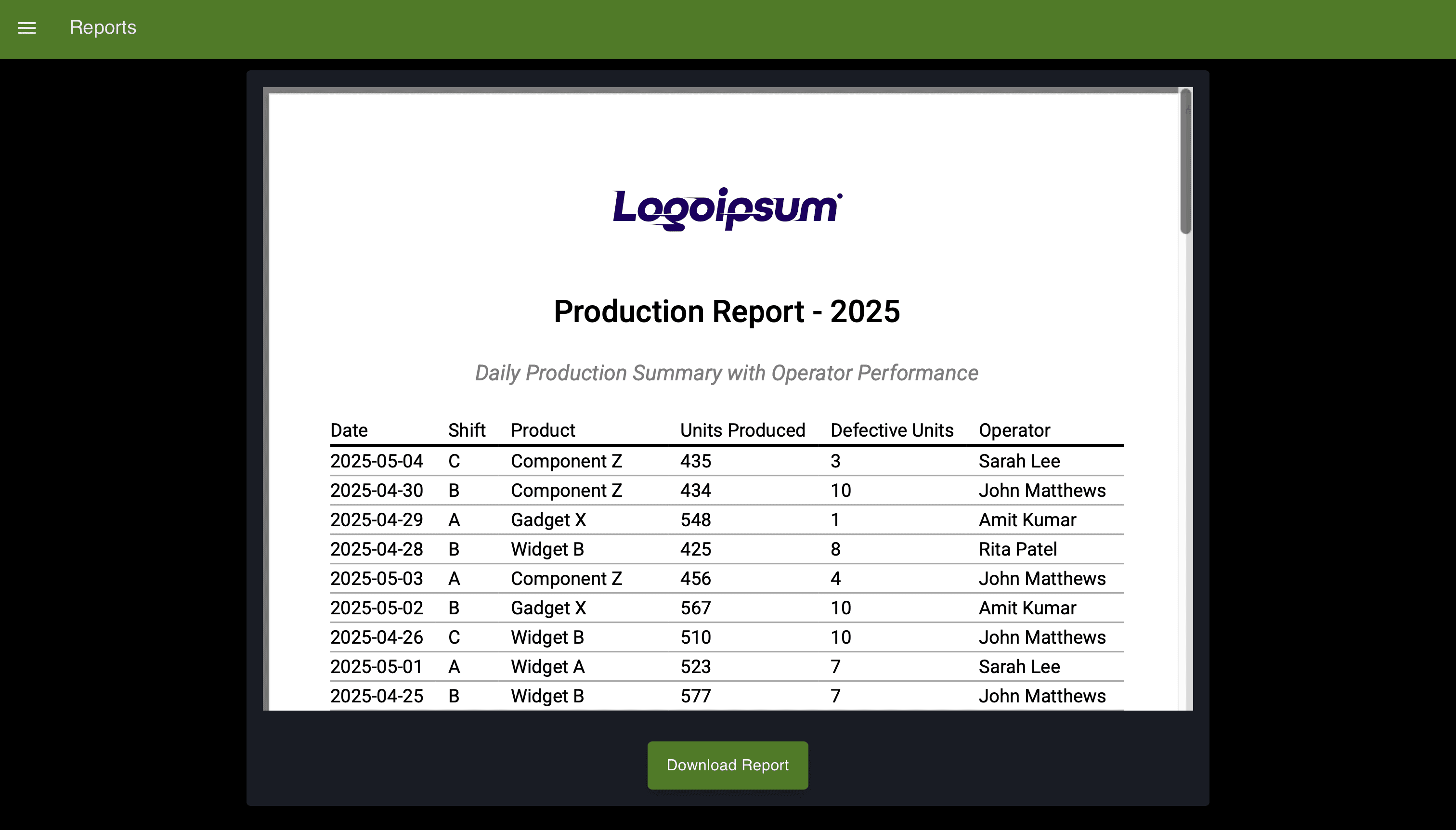 Dashboard displaying embedded PDF with a download button