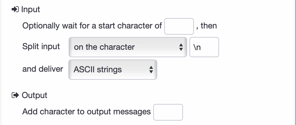 Screenshot of input and output settings in the Node-RED serial port node, showing options like delimiter, character count, and timeout.