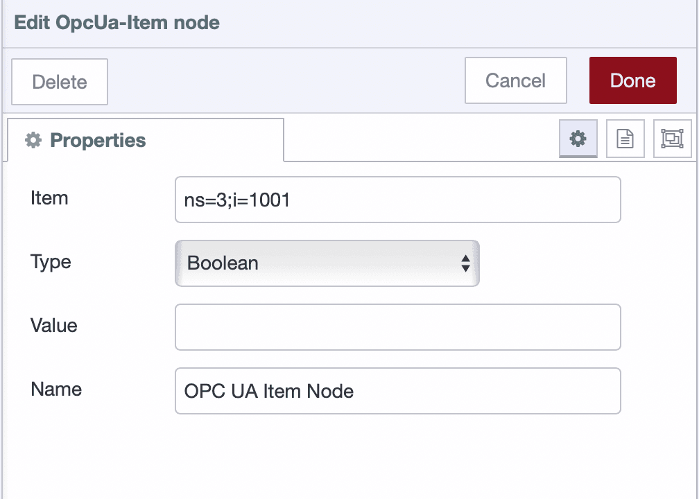 OPC UA Item node configuration
