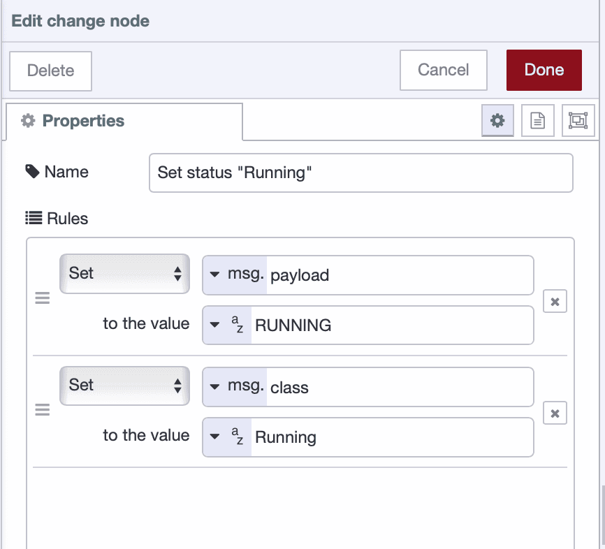 Change node configuration setting payload to RUNNING and class to running
