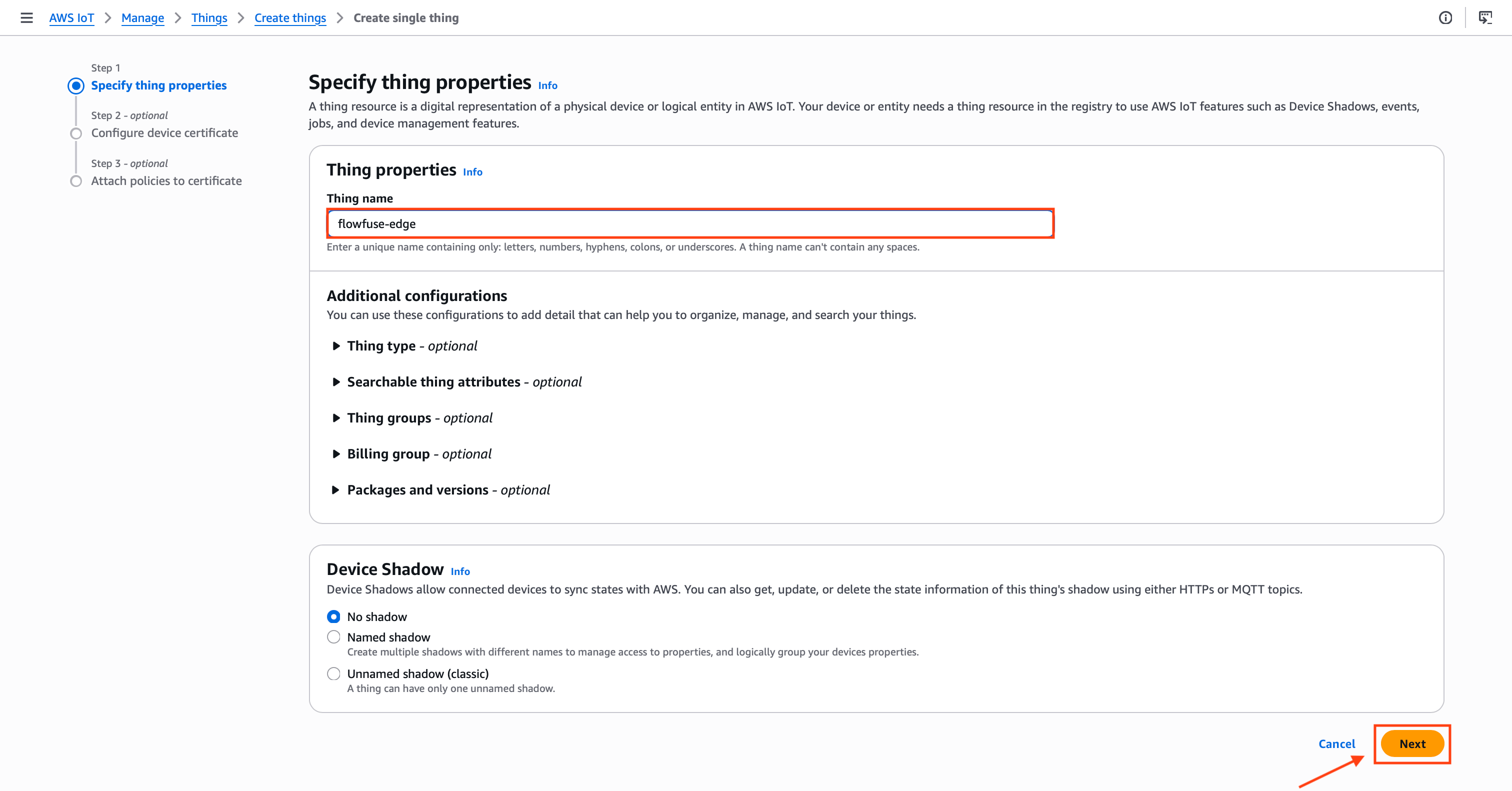 "AWS IoT Core Thing configuration page with flowfuse-edge entered in the Thing name field"