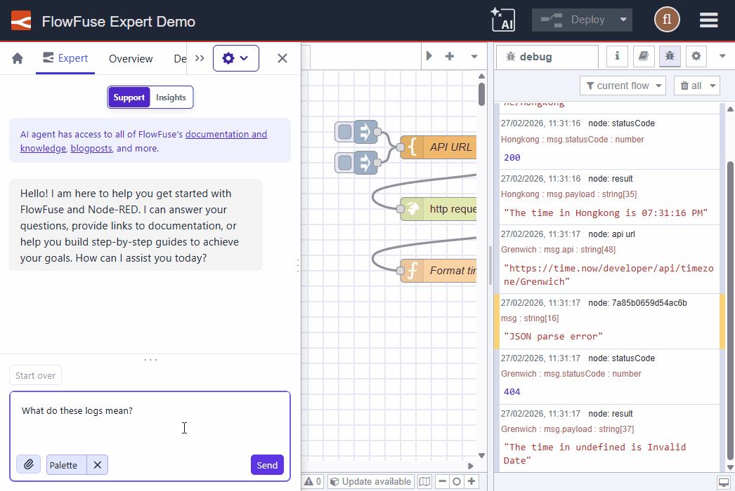 FlowFuse Expert Focused Debug Log Context