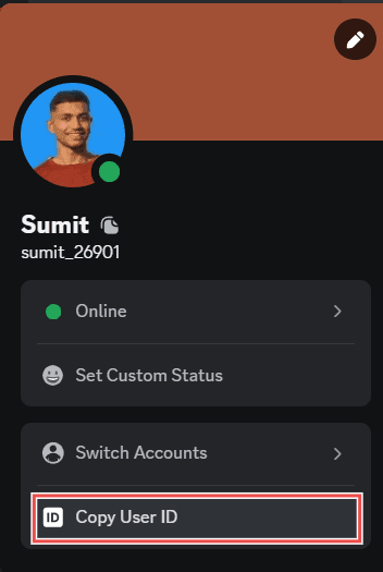 "Screenshot showing 'copy user id' option"