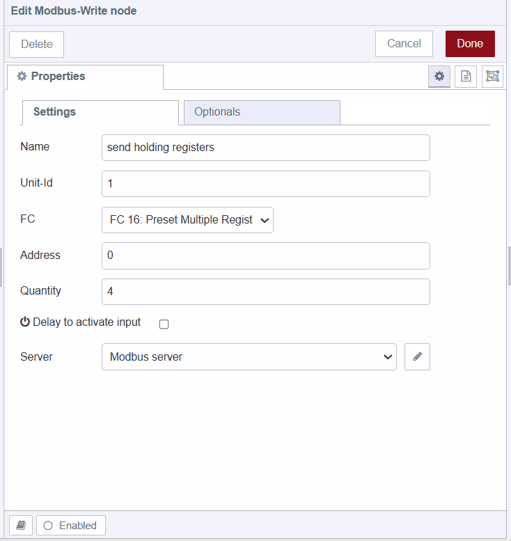 Configuring the Modbus send output coils write node