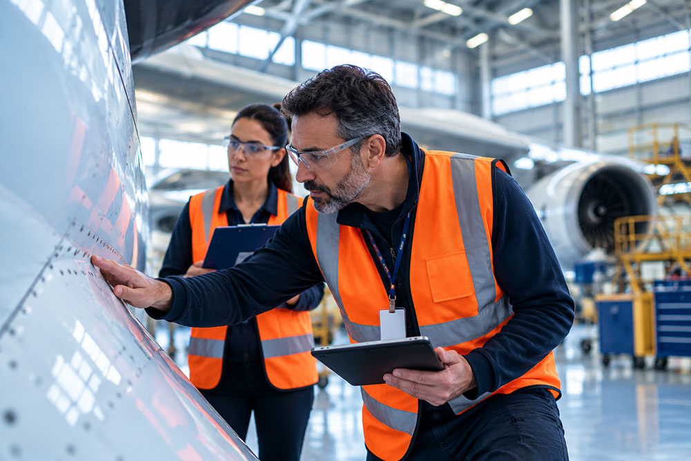 Two inspectors in high-visibility vests examining an aircraft fuselage panel with a tablet in a hangar, with a jet engine visible behind them