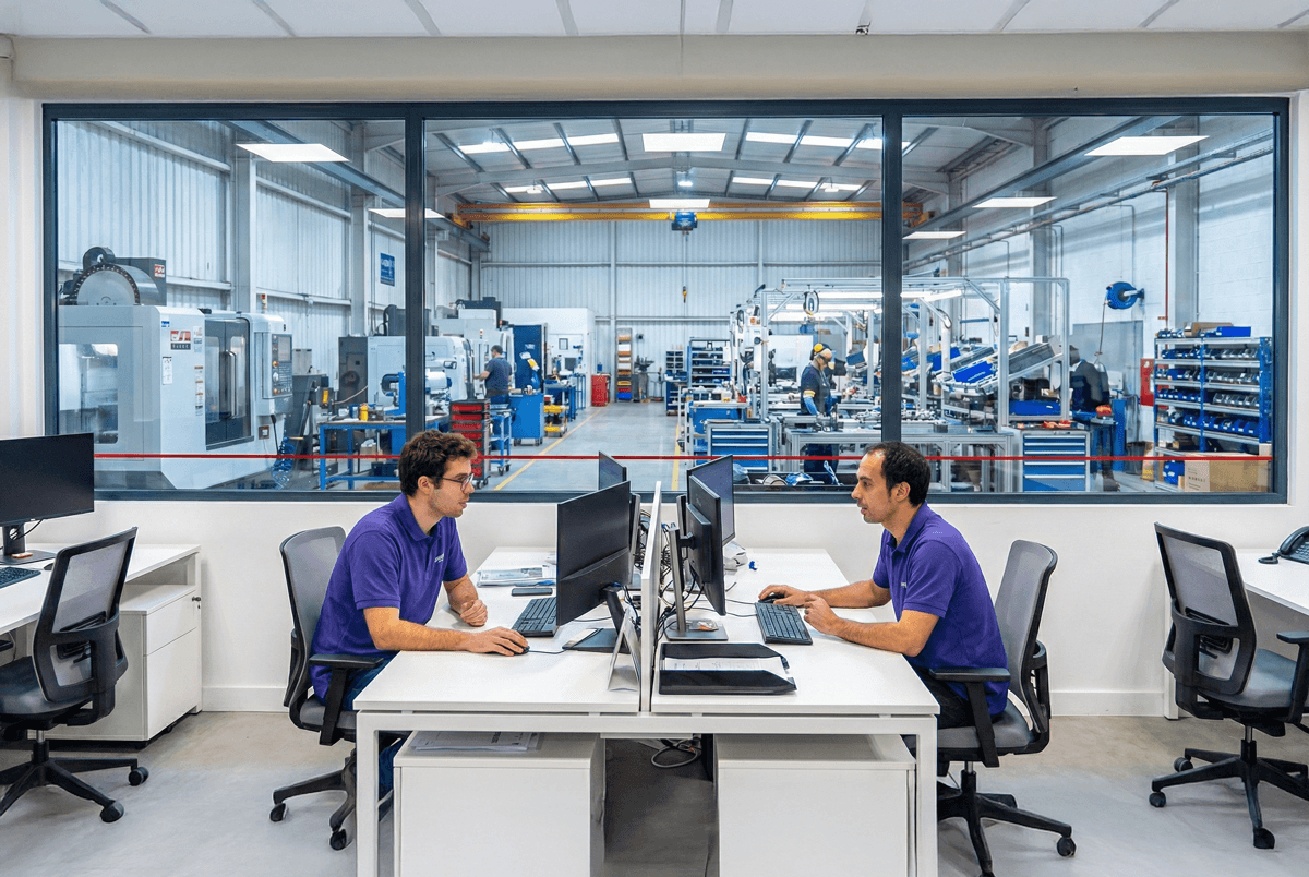 IT engineers working at dual-monitor desks in a clean office, visible through a glass wall overlooking the OT shop floor in an active factory.